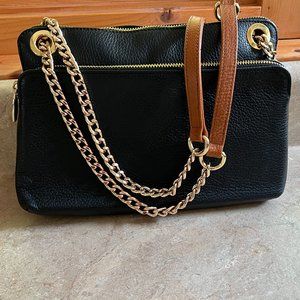 VALENTINA Italian Black Double Zip Leather Shoulder/Crossbody Bag